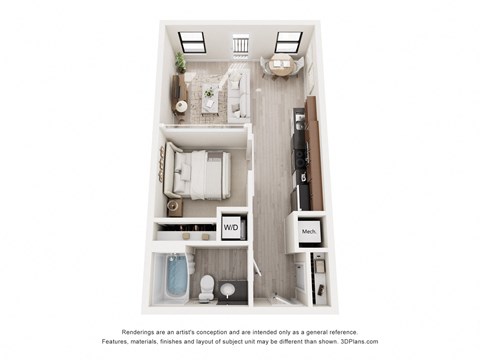 Floor plan for 1 bed, 1 bath, 561 sqft